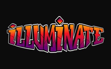 Trippy psychedelic grafiti tarzı harfleri aydınlat. Vektör el çizimi karikatür logosu İlluminate illüstrasyonu. Komik garip mektuplar, moda, tişört için graffiti tarzı baskı, poster.