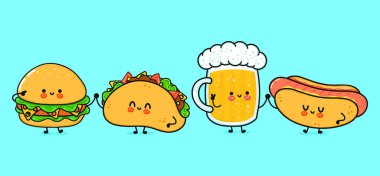 Cute, funny happy glass of beer, hot dog and hamburger . Vector hand drawn cartoon kawaii characters, illustration icon. Funny happy cartoon glass of beer, hot dog, hamburger, taco mascot friends