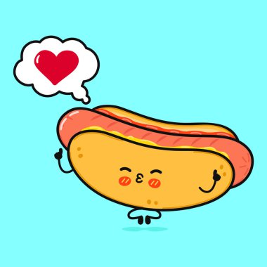 Sosisli sandviç konuşma balonuyla yoga yapıyor. Vektör el çizimi çizgi film kawaii karakter çizimi simgesi. Mavi arka planda izole edilmiş. Karakter konseptinde sosisli sandviç.