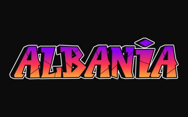 Arnavutluk 'ta tuhaf psikedelik graffiti tarzı mektuplar söyleniyor. Vektör el çizimi karikatür logosu Arnavutluk illüstrasyonu. Komik garip mektuplar, moda, tişört için graffiti tarzı baskı, poster.