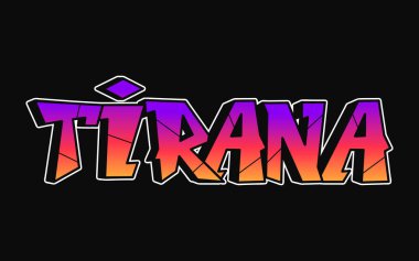 Tiran dilinde tuhaf psikedelik graffiti tarzı harfler. Vektör el çizimi karikatür logosu Tiran illüstrasyonu. Komik garip mektuplar, moda, tişört için graffiti tarzı baskı, poster.