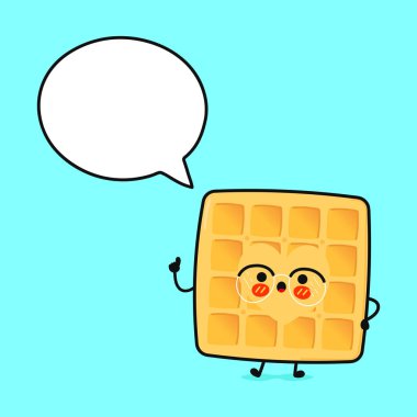Tatlı komik waffle 'lar konuşma baloncuğuyla yoga yapıyor. Vektör el çizimi çizgi film kawaii karakter çizimi simgesi. Mavi arka planda izole edilmiş. Happy Waffles karakter konsepti