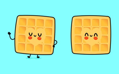Waffle karakteri. Vektör el çizimi çizgi film kawaii karakter çizimi simgesi. Mavi arka planda izole edilmiş. Happy Waffles karakter konsepti
