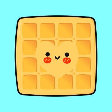 Waffle karakteri. Vektör el çizimi çizgi film kawaii karakter çizimi simgesi. Mavi arka planda izole edilmiş. Happy Waffles karakter konsepti