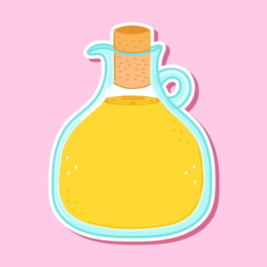 Sevimli komik zeytinyağı karakteri. Vektör el çizimi çizgi film kawaii karakter çizimi simgesi. Pembe arka planda izole edilmiş. Mutlu Zeytinyağı karakteri konsepti