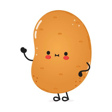 Sevimli, komik, el sallayan Patates karakteri. Vektör el çizimi çizgi film kawaii karakter çizimi simgesi. Beyaz arka planda izole edilmiş. Mutlu Patates Karakteri Konsepti