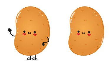 Sevimli komik Patates karakteri. Vektör el çizimi çizgi film kawaii karakter çizimi simgesi. Beyaz arka planda izole edilmiş. Mutlu Patates Karakteri Konsepti