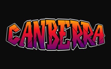 Canberra kelimesi psikedelik graffiti tarzı harfler. Vektör el çizimi karikatür logosu Avustralya illüstrasyonu. Komik garip mektuplar, moda, tişört için graffiti tarzı baskı, poster.