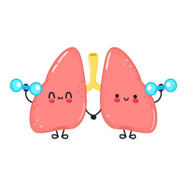 Sevimli komik akciğerli karakter dambılları. Vektör el çizimi çizgi film kawaii karakter çizimi simgesi. İzole edilmiş beyaz arka plan. Mutlu Akciğerler karakter spor salonu konsepti