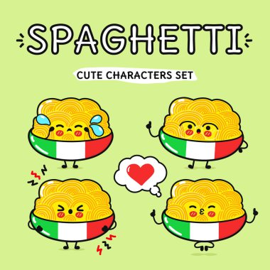 Komik, şirin, mutlu bir tabak spagetti karakter seti. Vektör el çizimi karikatür karakter çizim simgesi tasarımı. İzole edilmiş mavi arka plan. Tatlı Spagetti Tabağı Koleksiyonu