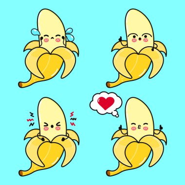 Komik, sevimli, mutlu muz karakterleri seti. Vektör el çizimi karalama tarzı karakter çizim simgesi tasarımı. İzole edilmiş mavi arka plan. Şirin Muz maskotu karakter koleksiyonu