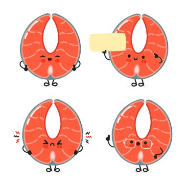 Şirin, mutlu kırmızı balık somon balığı karakterleri seti. Vektör el çizimi karikatür karakter çizim simgesi tasarımı. Şirin kırmızı balık somon balığı maskotu koleksiyonu