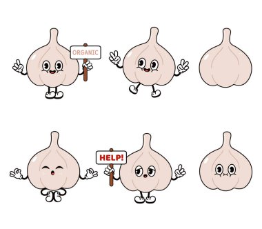 Komik, mutlu sarımsaklı karakterler seti. Vektör el çizimi karalama tarzı geleneksel çizgi film klasiği, retro karakter çizim ikonu tasarımı. Sevimli Sarımsak maskotu karakteri