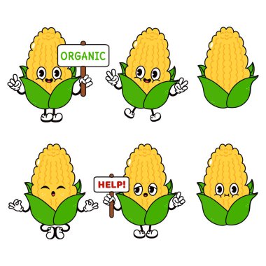 Komik mutlu mısır karakterleri paketi seti. Vektör el çizimi karalama tarzı geleneksel çizgi film klasiği, retro karakter çizim ikonu tasarımı. Şirin Mısır maskotu karakteri