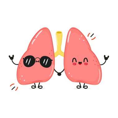 Akciğer karakteri. Vektör el çizimi çizgi film kawaii karakter çizimi simgesi. Beyaz arka planda izole edilmiş. Akciğerler karakter konsepti
