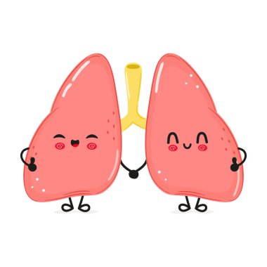 Akciğer karakteri. Vektör el çizimi çizgi film kawaii karakter çizimi simgesi. Beyaz arka planda izole edilmiş. Akciğerler karakter konsepti