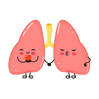 Sevimli komik akciğerler bir kalbi ellerinde tutuyor. Vektör el çizimi çizgi film kawaii karakter çizimi simgesi. Beyaz arka planda izole edilmiş. Mutlu akciğerler aşk karakteri konsepti