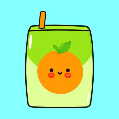Meyve suyu karakteri. Vektör el çizimi çizgi film kawaii karakter çizimi simgesi. Mavi arka planda izole edilmiş. Mutlu Portakal suyu karakteri konsepti