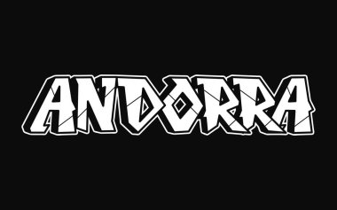 Andorra kelimesi psikedelik graffiti tarzı harfler. Vektör el çizimi karikatür logosu Andorra illüstrasyonu. Komik garip mektuplar, moda, tişört için graffiti tarzı baskı, poster.