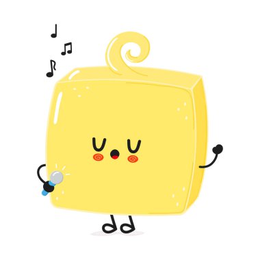 Şirin komik Butter bir mikrofon karakterine şarkı söylüyor. Vektör el çizimi çizgi film kawaii karakter çizimi simgesi. Beyaz arka planda izole edilmiş. Mutlu Tereyağı karakteri kavramı