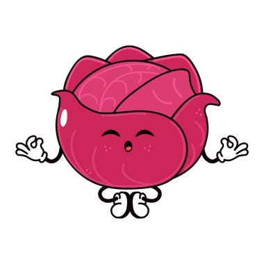 Kızıl Lahana 'nın yoga karakterini oynaması çok komik. Vektör el, geleneksel çizgi film klasiği, retro kawaii karakter resimleme simgesi çizdi. İzole edilmiş beyaz arka plan. Kırmızı lahana karakter kavramı