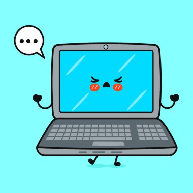 Sevimli üzgün dizüstü bilgisayar karakteri. Vektör el çizimi çizgi film kawaii karakter çizimi simgesi. İzole edilmiş mavi arka plan. Kızgın şirin dizüstü bilgisayar karakteri