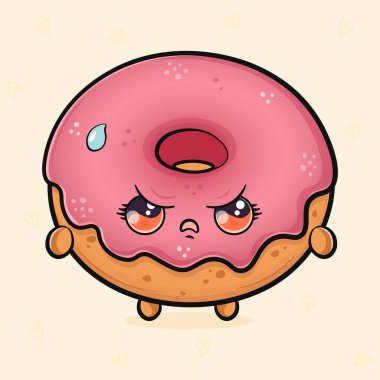 Şirin, üzgün, pembe çörek karakteri. Vektör el çizimi çizgi film kawaii karakter çizimi simgesi. Işık arka planında izole edilmiş. Kızgın şirin pembe çörek karakteri konsepti