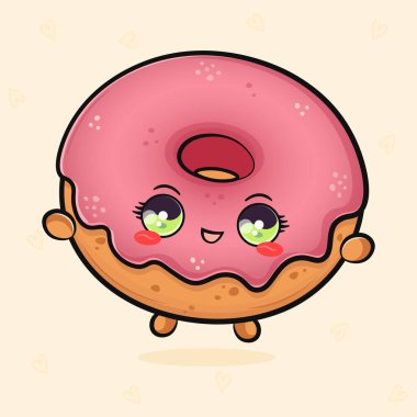 Pembe donuttan atlaman çok komik. Vektör el çizimi çizgi film kawaii karakter çizimi simgesi. Açık yeşil arka planda izole edilmiş. Mutlu pembe çörek konsepti