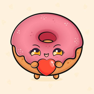 Elinde kalp olan sevimli pembe donut. Vektör el çizimi çizgi film kawaii karakter çizimi simgesi. Işık arka planında izole edilmiş. Mutlu pembe çörek karakter konsepti