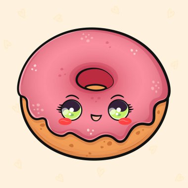 Şirin pembe donut el sallıyor. Vektör el çizimi çizgi film kawaii karakter çizimi simgesi. Işık arka planında izole edilmiş. Mutlu pembe çörek karakter konsepti