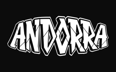 Andorra kelime trippy psychedelic grafiti tarzı harfler. Vektör el çizimi karalama çizgi film logosu Andorra illüstrasyonu. Komik garip mektuplar, moda, tişört için graffiti tarzı baskı, poster.