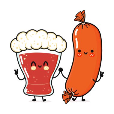 Sevimli, neşeli bir bardak bira ve sosis. Vektör el çizimi çizgi film kawaii karakterleri, illüstrasyon simgesi. Komik bir çizgi film karakteri olan bira sosisi karakteri konsepti