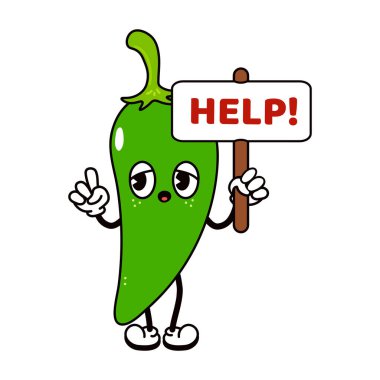 Yazılı komik kırmızı biberli şirin bir yardım karakteri. Vektör el geleneksel çizgi film klasiği, retro, kawaii karakter simgesi çizdi. İzole edilmiş beyaz arka plan. Mutlu Chili biber karakteri