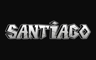 Santiago kelimesi, psikedelik graffiti tarzı harfler. Vektör el çizimi karikatür logosu Şili illüstrasyonu. Komik garip mektuplar, moda, tişört için graffiti tarzı baskı, poster.