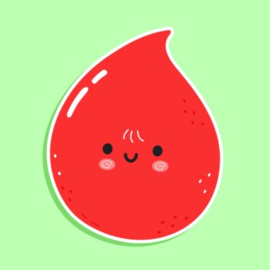 Sevimli komik çıkartma Kan Düşürme karakteri. Vektör el çizimi çizgi film kawaii karakter çizimi simgesi. Yeşil arka planda izole edilmiş. Happy Blood damla karakter konsepti
