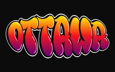 Ottawa kelimesi psikedelik graffiti tarzı harfler. Vektör el çizimi karikatür logosu Ottawa illüstrasyonu. Komik garip mektuplar, moda, tişört için graffiti tarzı baskı, poster.