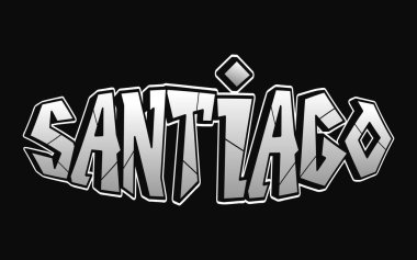 Santiago kelimesi, psikedelik graffiti tarzı harfler. Vektör el çizimi karikatür logosu Şili illüstrasyonu. Komik garip mektuplar, moda, tişört için graffiti tarzı baskı, poster.