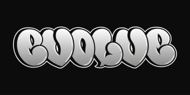Garip psikedelik graffiti tarzında harfler geliştir. Vektör el çizimi karikatür logosu Evolve çizimi. Komik garip mektuplar, moda, tişört için graffiti tarzı baskı, poster.