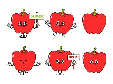 Komik mutlu Bell biberi karakterleri seti. Vektör el çizimi karalama tarzı geleneksel çizgi film klasiği, retro karakter çizim ikonu tasarımı. Sevimli Bell biberi maskotu karakteri