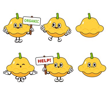 Komik mutlu sarı kabak karakterleri seti. Vektör el çizimi karalama tarzı geleneksel çizgi film klasiği, retro karakter çizim ikonu tasarımı. Şirin sarı kabak maskotu karakteri