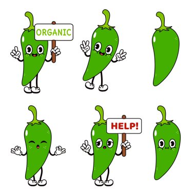 Komik mutlu biber karakterleri seti. Vektör el çizimi karalama tarzı geleneksel çizgi film klasiği, retro karakter çizim ikonu tasarımı. Şirin Chili biberi maskotu karakteri