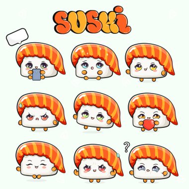 Komik, sevimli, mutlu suşi karakterleri seti. Vektör el çizimi karikatür karakter çizim simgesi tasarımı. Yeşil arka planda izole edilmiş. Şirin suşi maskotu koleksiyonu.