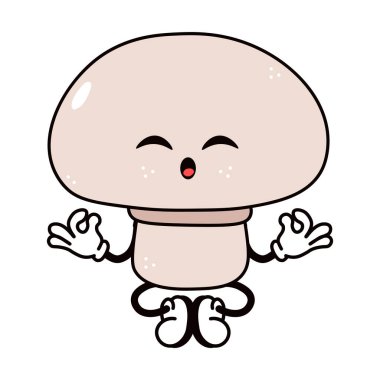 Yoga yapan sevimli, komik mantar. Vektör el, geleneksel çizgi film klasiği, retro kawaii karakter resimleme simgesi çizdi. İzole edilmiş beyaz arka plan. Mantar karakter kavramı