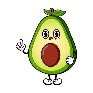 Sevimli, komik, kızgın, Avokado karakteri. Vektör el geleneksel çizgi film klasiği, retro, kawaii karakter çizimi ikonu çizdi. İzole edilmiş beyaz arka plan. Kızgın Avokado karakteri