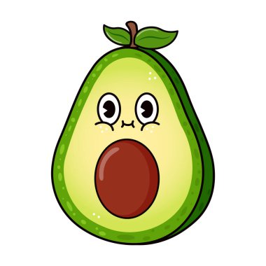 Sevimli komik Avokado karakteri. Vektör el, geleneksel çizgi film klasiği, retro kawaii karakter resimleme simgesi çizdi. İzole edilmiş beyaz arka plan. Avokado karakter kavramı
