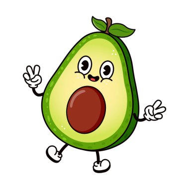 El sallayan sevimli Avokado karakteri. Vektör el geleneksel çizgi film klasiği, retro, kawaii karakter çizimi ikonu çizdi. Beyaz arka planda izole edilmiş. Avokado karakteri