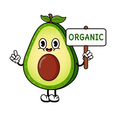 Cute funny Avocado with an inscription organic character. Vector hand drawn traditional cartoon vintage, retro, kawaii character illustration icon. Isolated background. Avocado character clipart