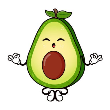Yoga yapan sevimli Avocado. Vektör el, geleneksel çizgi film klasiği, retro kawaii karakter resimleme simgesi çizdi. İzole edilmiş beyaz arka plan. Avokado karakter kavramı
