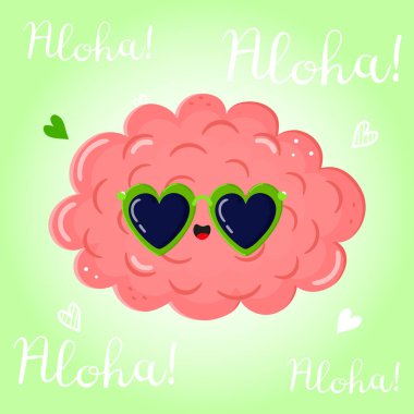 Adorable smiling Brain with heart-shaped sunglasses, surrounded by Aloha text and hearts on a cheerful light green background. Fun concept clipart