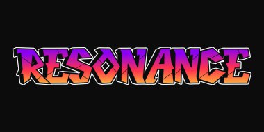 Grafiti tarzı metin RESONANCE 'ı kalın mor renkte turuncuya dönüştürüyor, yaratıcılığı temsil eden temiz bir siyah arkaplan üzerine yerleştiriyor. Güzel mektuplar, moda, graffiti tarzı tişört, poster